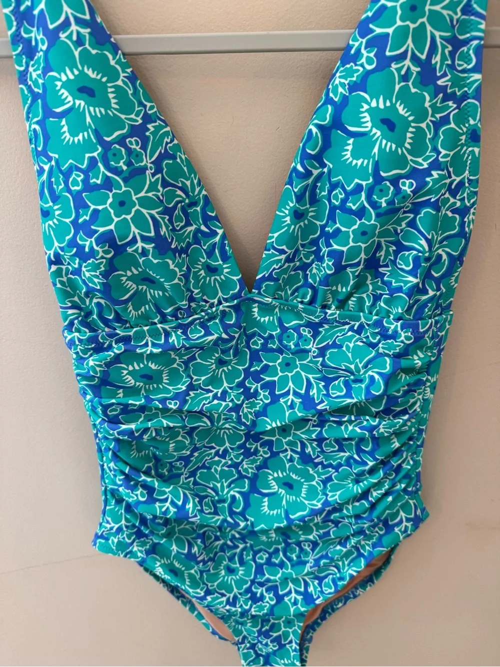 J. Crew Ruched V-Neck One-Piece Swimsuit green blue print size S